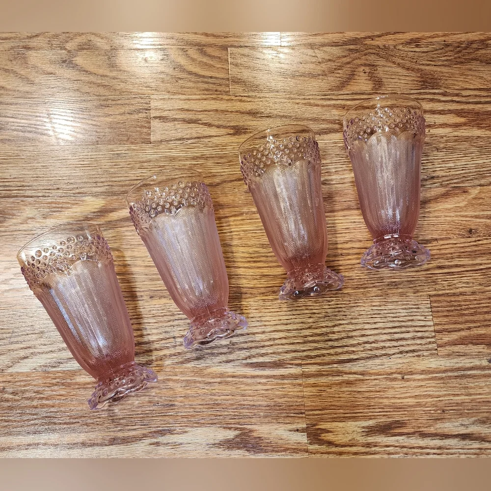 4 Vintage Gorham Emily's Attic Pink Hobnail Herringbone Highball Glasses